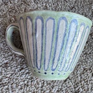 Hand Crafted Handmade Tea Cup Pastel Green Blue Plant Pattern Coffee Ceramic Mug